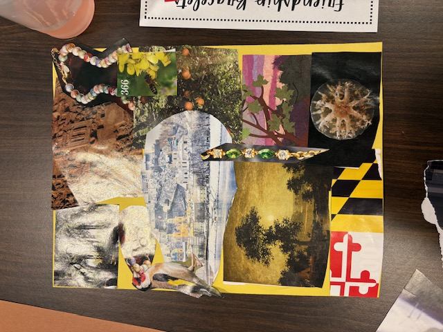 Magazine collage artwork with a bird, a castle, a beaded bracelet, and a Maryland flag