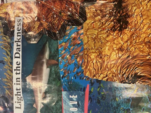 Magazine collage titled "Light in the Darkness" with underwater ocean imagery