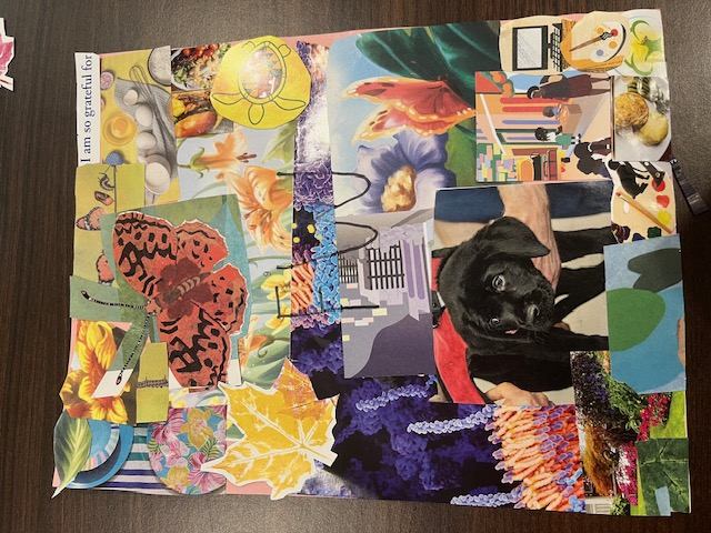 Magazine collage with a butterfly, flowers, and a puppy